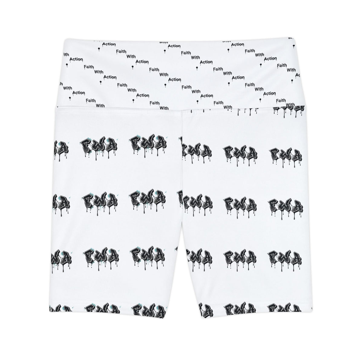 Faith With Action Bike Shorts — Women's High-Waist Workout Shorts with Repeating Script & Silhouette Print