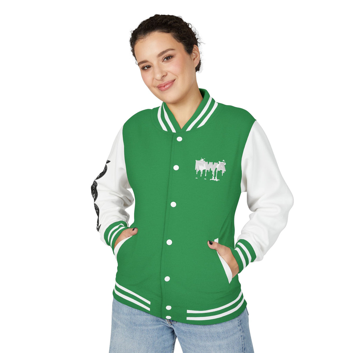 Front view of a woman wearing a green and white Faith In Motion Varsity Jacket with a paint-drip graphic.
